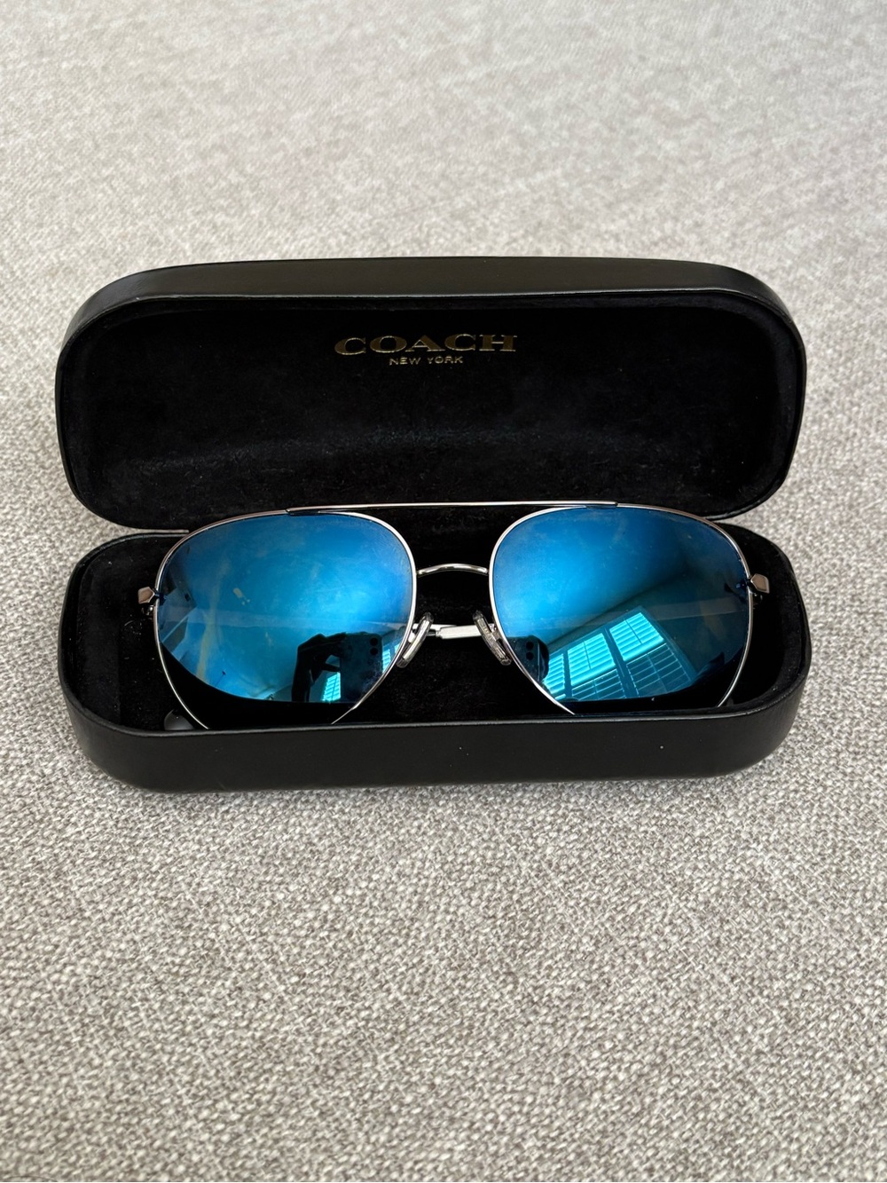 Coach Gunmetal Aviator Sunglasses w/ Blue Mirrored Lenses & Hard Case